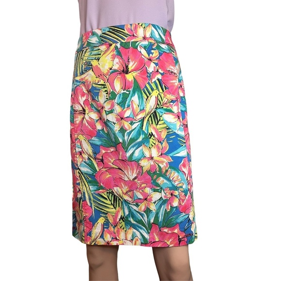 LOFT Cotton Skirt Hibiscus and Birds Colourful Finely Tailored Knee Length - Picture 9 of 11